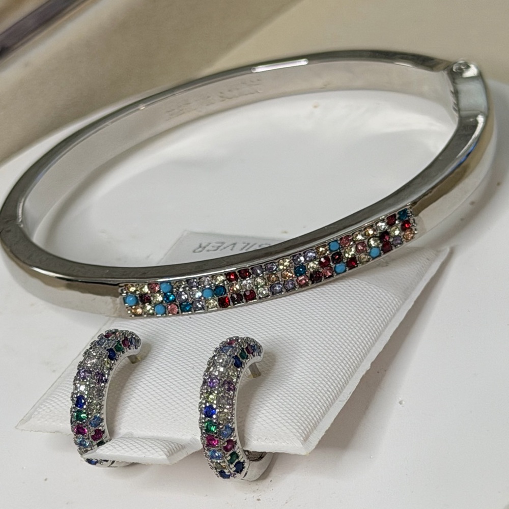 NWOT Marlyn Schiff Silver Multicolor Gemstone Bracelet and SS earring set